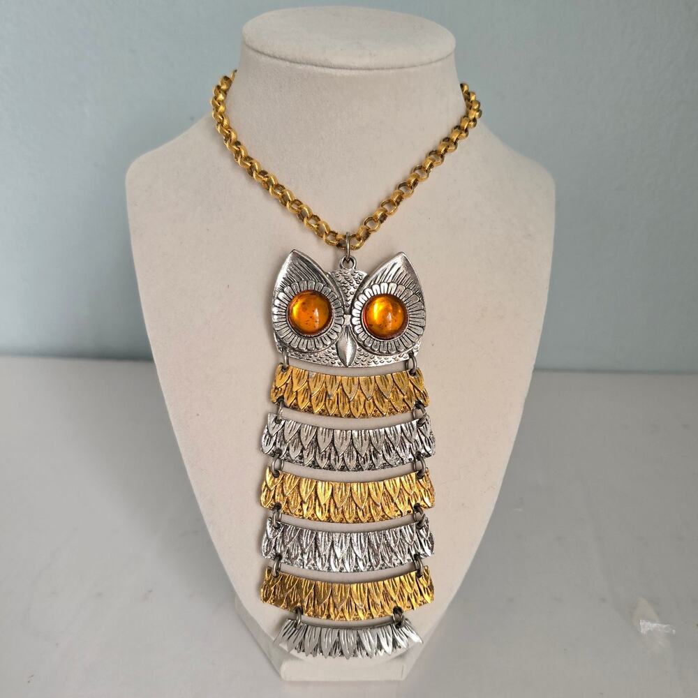VTG Park Lane Articulated Owl Pendant Necklace Gold Silver Tone Amber Eye Retro